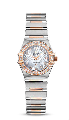 Omega Constellation Quartz White Mother of Pearl Diamond Dial Diamond Bezel 18k Rose Gold and Stainless Steel Watch# 111.25.23.60.55.003 (Women Watch)
