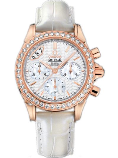 Omega 35mm Automatic Co-Axial Chronograph White Mother Of Pearl Dial Rose Gold Case, Diamonds With White Leather Strap Watch #422.58.35.50.05.001 (Women Watch)