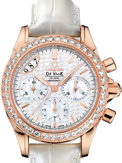 Omega 35mm Automatic Co-Axial Chronograph White Mother Of Pearl Dial Rose Gold Case, Diamonds With White Leather Strap Watch #422.58.35.50.05.001 (Women Watch)