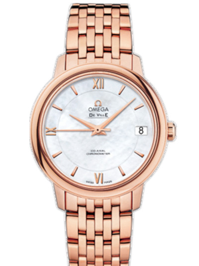Omega 32.7mm Prestige Co-Axial White Mother Of Pearl Dial Rose Gold Case With Rose Gold Bracelet Watch #424.50.33.20.05.002 (Women Watch)