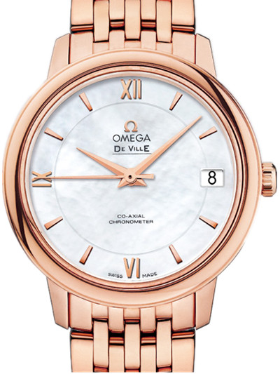 Omega 32.7mm Prestige Co-Axial White Mother Of Pearl Dial Rose Gold Case With Rose Gold Bracelet Watch #424.50.33.20.05.002 (Women Watch)