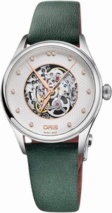 Oris Artelier Automatic Skeleton Diamonds Green Leather Watch# 0156077244031-0751735FC (Women Watch)
