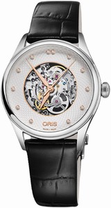 Oris Artelier Automatic Skeleton Diamonds Black Leather Watch# 0156077244031-0751764FC (Women Watch)