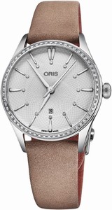 Oris Artelier Automatic Diamonds Date Dial Diamonds Bezel Light Brown Leather Watch# 0156177244951-0751733FC (Women Watch)
