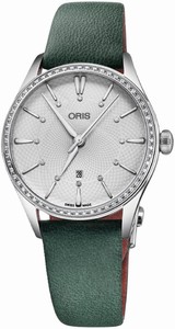 Oris Artelier Automatic Date Diamonds Dial Diamonds Bezel Green Leather Watch# 0156177244951-0751735FC (Women Watch)