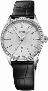 Oris Artelier Automatic Date Diamonds Dial Diamonds Bezel Black Leather Watch# 0156177244951-0751764FC (Women Watch)