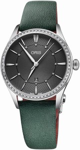 Oria Artelier Automatic Date Diamonds Dial Diamonds Bezel Green Leather Watch# 0156177244953-0751735FC (Women Watch)