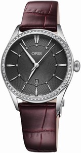 Oris Artelier Automatic Date Diamonds Dial Diamonds Bezel Bordeaux Leather Watch# 0156177244953-0751763FC (Women Watch)