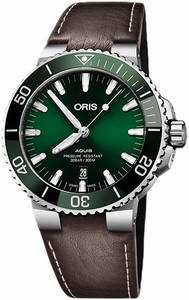 Oris Aquis Automatic Green Dial Date Brown Leather Watch# 0173377304157-0752410EB (Men Watch)