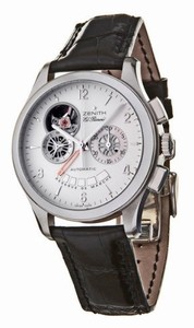 Zenith Automatic White Chronograph With Power Reserve Indicator And Partial Skeleton View Of Movement Escapement Dial Black Crocodile Leather Band Watch #03.0510.4021/01.C492 (Men Watch)