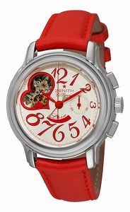 Zenith Automatic COSC Silver Red Accented Chronograph With Power Reserve Indicator At 6, Heart Shaped Opening With Heart Shaped Seconds Hand And Partial View Of Movement Escapement At 9 Dial Red Satin Band Watch #03.1230.4021/01.C538 ( Watch)