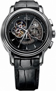 Zenith Automatic Black Sunray Center Chronograph With Large Date Window At 2, Partial Tr90 Transparent Window Between 1 And 4, Power Reserve Indicator At 6 And Partial Skeleton View Of Movement Escapement Between 8 And 12 Dial Black Crocodile Leather Band