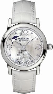 MontBlanc Star Automatic Mother of Pearl Diamond Moon Phase Date Dial White Leather Watch# 103111 (Women Watch)
