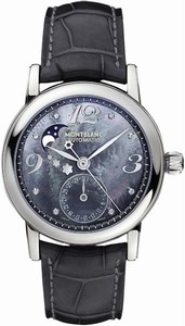 MontBlanc Star Automatic Black Mother of Pearl Diamond Moon Phase Date Dial Black Leather Watch# 103112 (Men Watch)