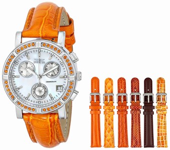 Invicta Wildflower Quartz Chronograph Date Crystal Bezel Orange Leather Band Watch # 10313 (Women Watch)