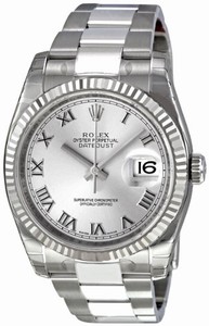 Rolex Rhodium Dial Fixed Fluted Domed 18kt White Gold Band Watch #116234 (Men Watch)