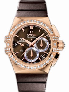 Omega Automatic Co-Axial Chronometer Brown Dial Rose Gold Case Chronograph, Diamonds On Bezel With Brown Rubber Strap Watch #121.57.35.50.13.001 (Women Watch)
