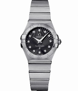 Omega 24mm Constellation Polished Quartz 24mm Black Dial Stainless Steel Case, Diamonds On Hour Indices With Stainless Steel Bracelet Watch #123.10.24.60.51.002 (Women Watch)