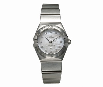 Omega 24mm Constellation Brushed Quartz White Mother Of Pearl Dial Stainless Steel Case, Diamonds On Hour Indices With Stainless Steel Bracelet Watch #123.10.24.60.55.001 (Women Watch)