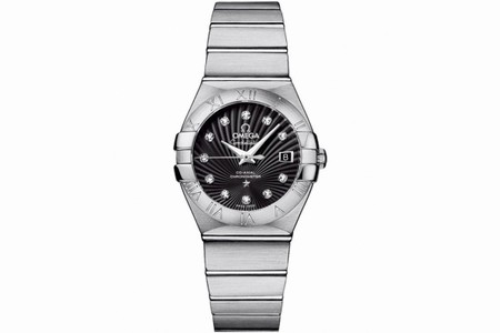 Omega 27mm Constellation Brushed Automatic Co-Axial Chronometer Brushed Black Dial Stainless Steel Case, Diamonds On Hour Indices With Stainless Steel Bracelet Watch #123.10.27.20.51.001 (Women Watch)