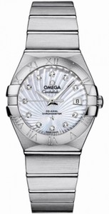 Omega 27mm Constellation Brushed Automatic Co-Axial Chronometer White Mother Of Pearl Dial Stainless Steel Case, Diamonds On Hour Indices With Stainless Steel Bracelet Watch #123.10.27.20.55.001 (Women Watch)