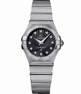 Omega 27mm Constellation Brushed Quartz Black Dial Stainless Steel Case, Diamonds On Hour Indices With Stainless Steel Bracelet Watch #123.10.27.60.51.001 (Women Watch)