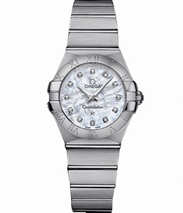 Omega 27mm Constellation Brushed Quartz White Mother Of Pearl Dial Stainless Steel Case With Stainless Steel Bracelet Watch #123.10.27.60.55.001 (Women Watch)
