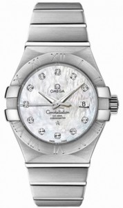 Omega 31mm Constellation Brushed Co-Axial Chronometer Mother Of Pearl Dial Stainless Steel Case, Diamonds On Hour Indices With Stainless Steel Bracelet Watch #123.10.31.20.55.001 (Women Watch)