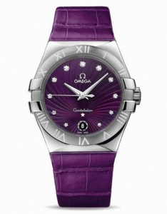 Omega 35mm Quartz Purple Dial Stainless Steel Case, Diamonds On Hour Indices With Purple Leather Strap Watch #123.13.35.60.60.001 (Women Watch)