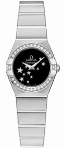 Omega 24mm Constellation Brushed Quartz Black Dial Stainless Steel Case, Diamonds On Bezel With Stainless Steel Case Watch #123.15.24.60.01.001 (Women Watch)