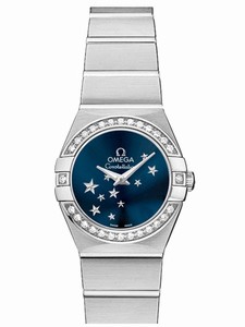 Omega 24mm Constellation Brushed Quartz Blue Dial Stainless Steel Case, Diamonds On Bezel With Stainless Steel Case Watch #123.15.24.60.03.001 (Women Watch)
