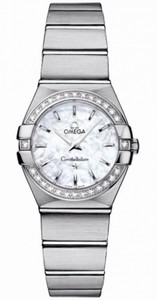 Omega 24mm Constellation Brushed Quartz White Mother Of Pearl Dial Stainless Steel Case, Diamonds On Bezel With Stainless Steel Bracelet Watch #123.15.24.60.05.001 Women Watch