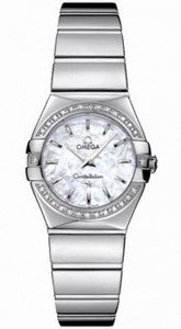Omega 24mm Constellation Polished Quartz White Mother Of Pearl Dial Stainless Steel Case, Diamonds On Bezel With Stainless Steel Bracelet Watch #123.15.24.60.05.002 (Women Watch)