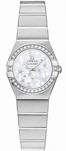 Omega 24mm Constellation Brushed Quartz White Mother Of Pearl Dial Stainless Steel Case, Diamonds On Bezel With Stainless Steel Bracelet Watch #123.15.24.60.05.003 (Women Watch)