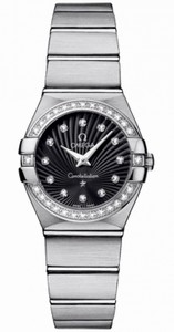 Omega 24mm Constellation Brushed Quartz Black Dial Stainless Steel Case, Diamonds On Bezel With Stainless Steel Case Watch #123.15.24.60.51.001 (Women Watch)