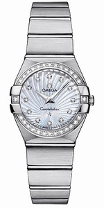 Omega 24mm Constellation Brushed Quartz White Mother Of Pearl Dial Stainless Steel Case, Diamonds On Bezel With Stainless Steel Bracelet Watch #123.15.24.60.55.002 (Women Watch)