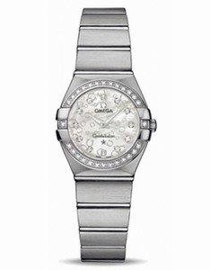 Omega 24mm Constellation Brushed Quartz White Mother Of Pearl Dial Stainless Steel Case, Diamonds On Bezel With Stainless Steel Bracelet Watch #123.15.24.60.55.005 (Women Watch)