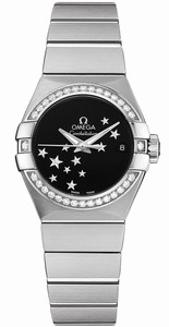 Omega 24mm Constellation Brushed Automatic Co-Axial Chronometer Black Dial Stainless Steel Case, Diamonds On Bezel With Stainless Steel Bracelet Watch #123.15.27.20.01.001 (Women Watch)