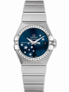 Omega 27mm Automatic Constellation Brushed Blue Dial Stainless Steel Case, Diamonds With Stainless Steel Bracelet Watch #123.15.27.20.03.001 (Women Watch)