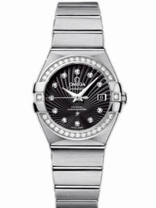 Omega 27mm Constellation Brushed Quartz Black Dial Stainless Steel Case, Diamonds With Stainless Steel Bracelet Watch #123.15.27.20.51.001 (Women Watch)