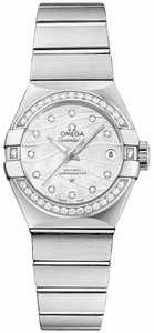 Omega Constellation Co-Axial Automatic White Mother of Pearl Diamond Date Dial Diamond Bezel Stainless Steel Watch# 123.15.27.20.55.002 (Women Watch)