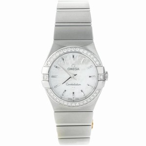 Omega 27mm Constellation Brushed Quartz White Mother Of Pearl Dial Stainless Steel Case, Diamonds On Bezel With Stainless Steel Bracelet Watch #123.15.27.60.05.001 (Women Watch)