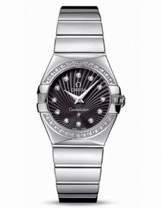 Omega 27mm Constellation Polished Quartz Black Dial Stainless Steel Case, Diamonds On Bezel And Hour Indices With Stainless Steel Case Watch #123.15.27.60.51.002 (Women Watch)