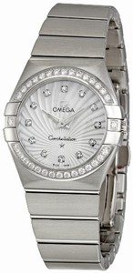 Omega 27mm Constellation Brushed Quartz White Mother Of Pearl Dial Stainless Steel Case, Diamonds On Bezel And Hour Indices With Stainless Steel Bracelet Watch #123.15.27.60.55.002 (Women Watch)