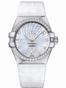 Omega 35mm Automatic Co-Axial Chronometer White Mother Of Pearl Dial Stainless Steel Case, Diamonds On Bezel And Hour Indices With White Rubber Strap Watch #123.18.35.20.55.001 (Women Watch)