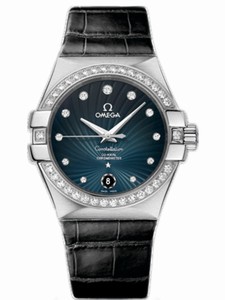 Omega 35mm Automatic Co-Axial Chronometer Blue Dial Stainless Steel Case, Diamonds On Bezel And Hour Indices With Black Alligator Leather Strap Watch #123.18.35.20.56.001 (Women Watch)