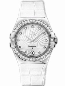 Omega 35mm Automatic Co-Axial Chronometer White Dial Stainless Steel Case, Diamonds On Bezel And Hour Indices With White Alligator Leather Strap