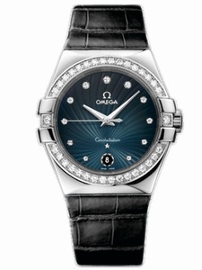 Omega 35mm Quartz Blue Dial Stainless Steel Case, Diamonds With Black Leather Strap Watch #123.18.35.60.56.001 (Women Watch)