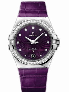 Omega 35mm Quartz Purple Dial Stainless Steel Case, Diamonds With Purple Leather Strap Watch #123.18.35.60.60.001 (Women Watch)