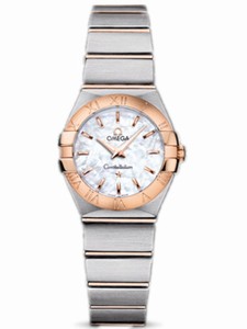 Omega 24mm Constellation Brushed Quartz White Mother Of Pearl Dial Rose Gold Case With Rose Gold And Stainless Steel Bracelet Watch #123.20.24.60.05.001 (Women Watch)